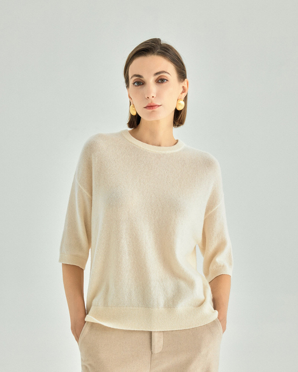 Cashmere Silk Elbow-Sleeve Crewneck Sweater