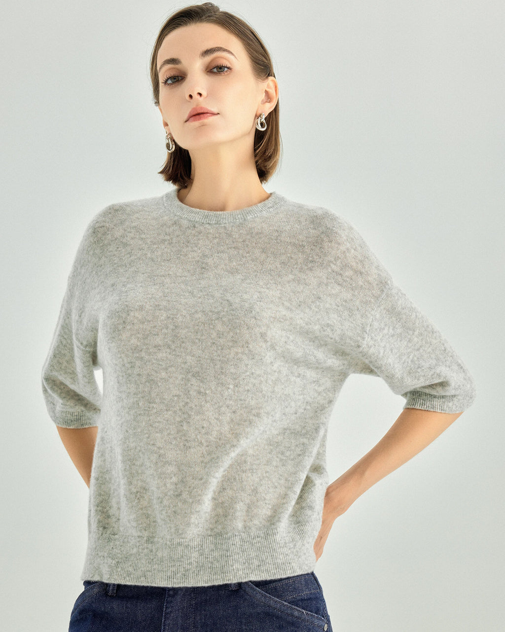 Cashmere Silk Elbow-Sleeve Crewneck Sweater
