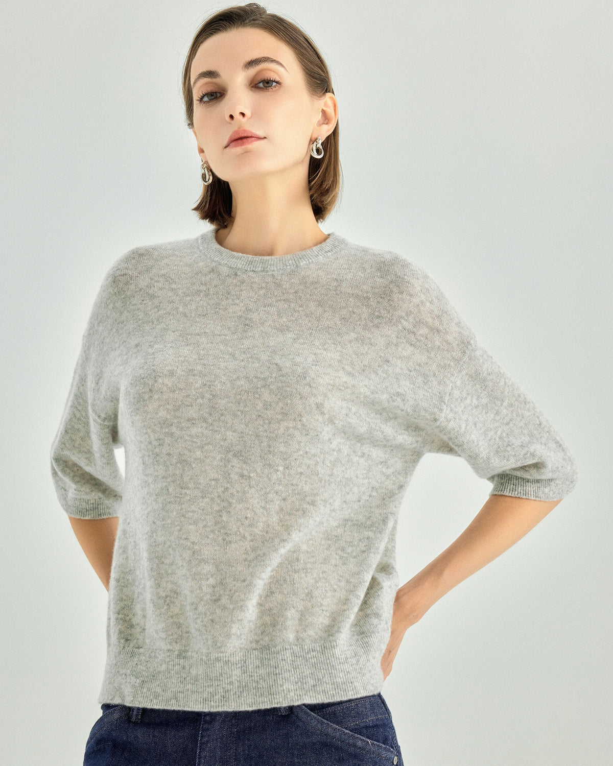 Cashmere Silk Elbow-Sleeve Crewneck Sweater
