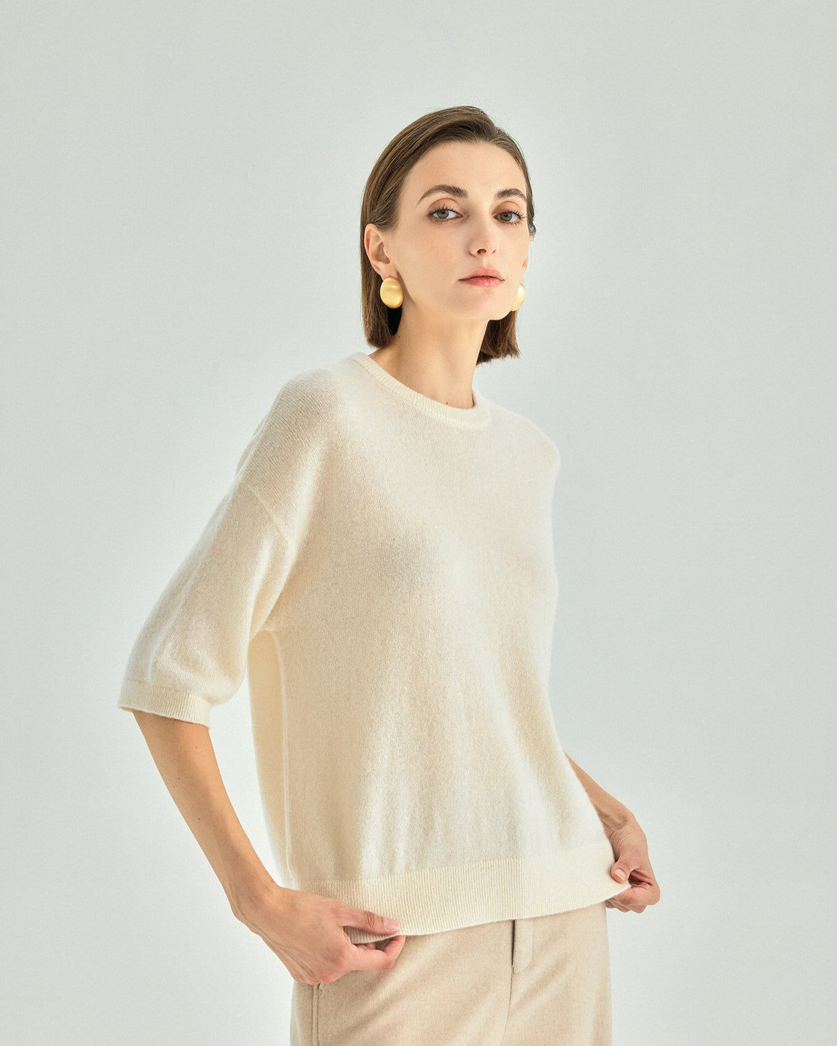 Cashmere Silk Elbow-Sleeve Crewneck Sweater