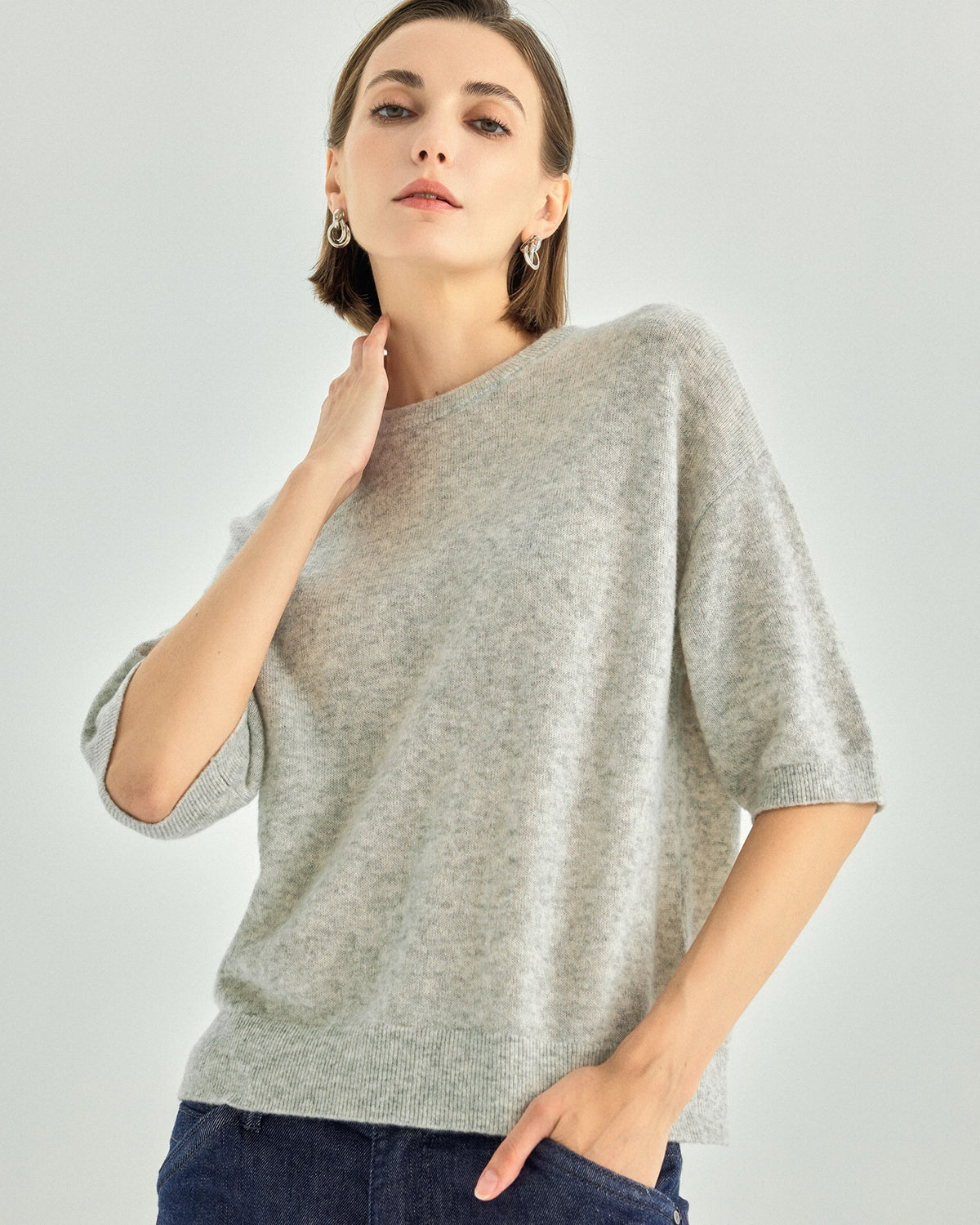 Cashmere Silk Elbow-Sleeve Crewneck Sweater
