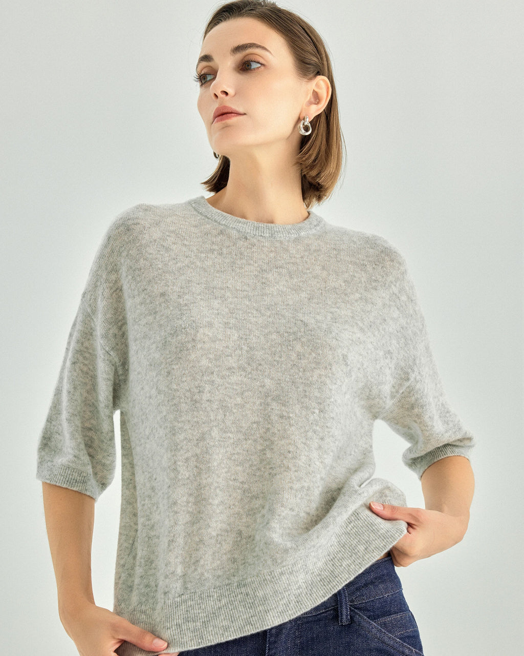 Cashmere Silk Elbow-Sleeve Crewneck Sweater