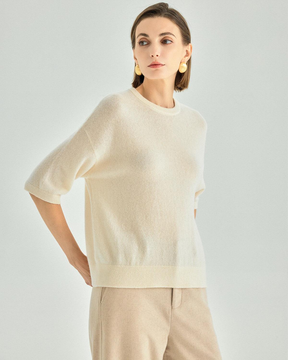 Cashmere Silk Elbow-Sleeve Crewneck Sweater
