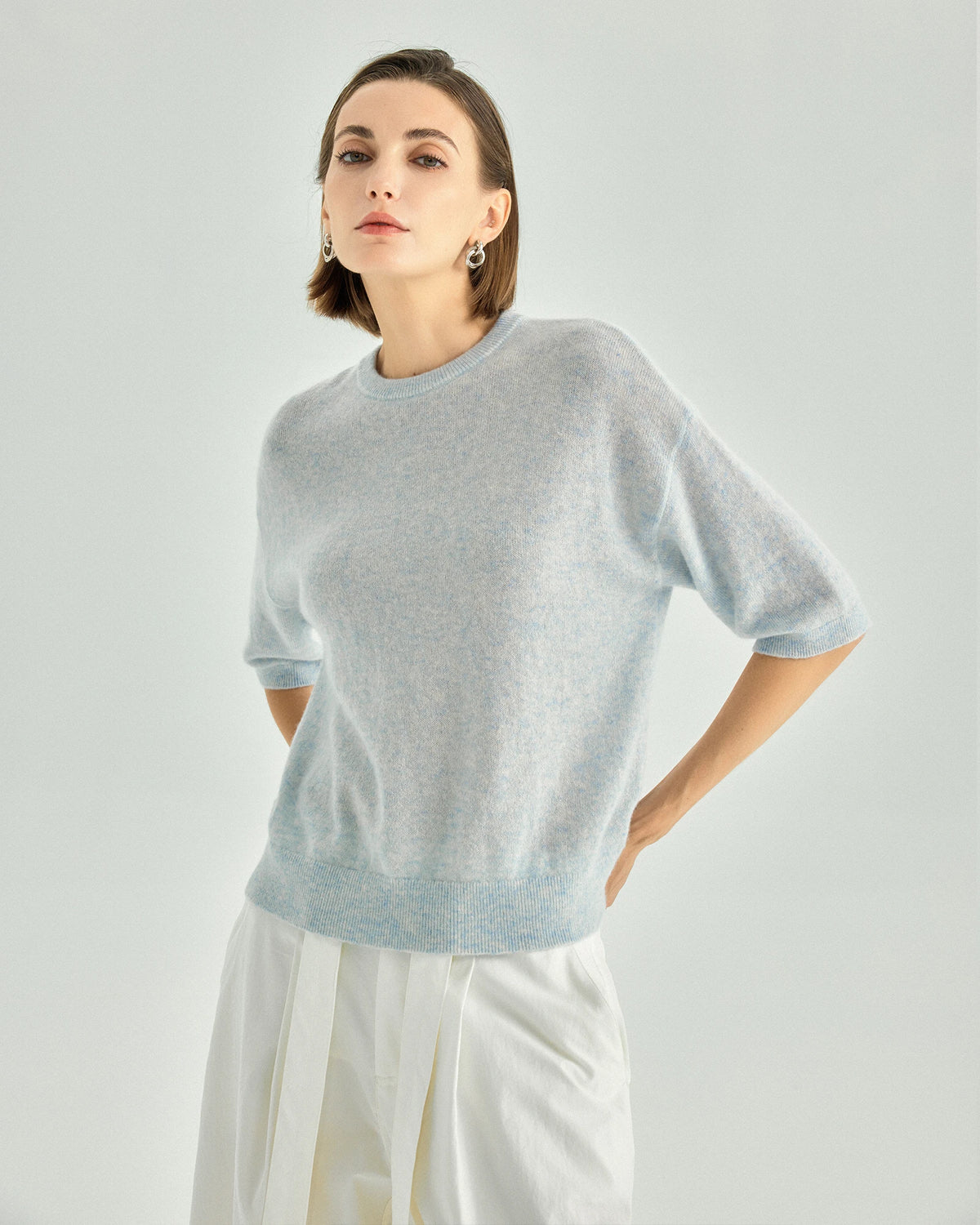 Cashmere Silk Elbow-Sleeve Crewneck Sweater