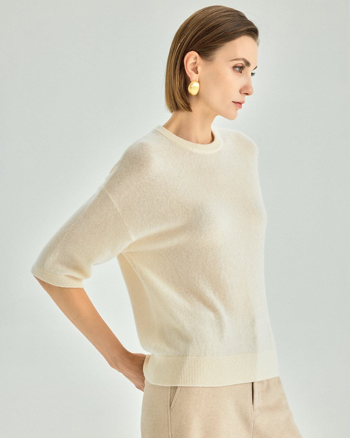 Cashmere Silk Elbow-Sleeve Crewneck Sweater