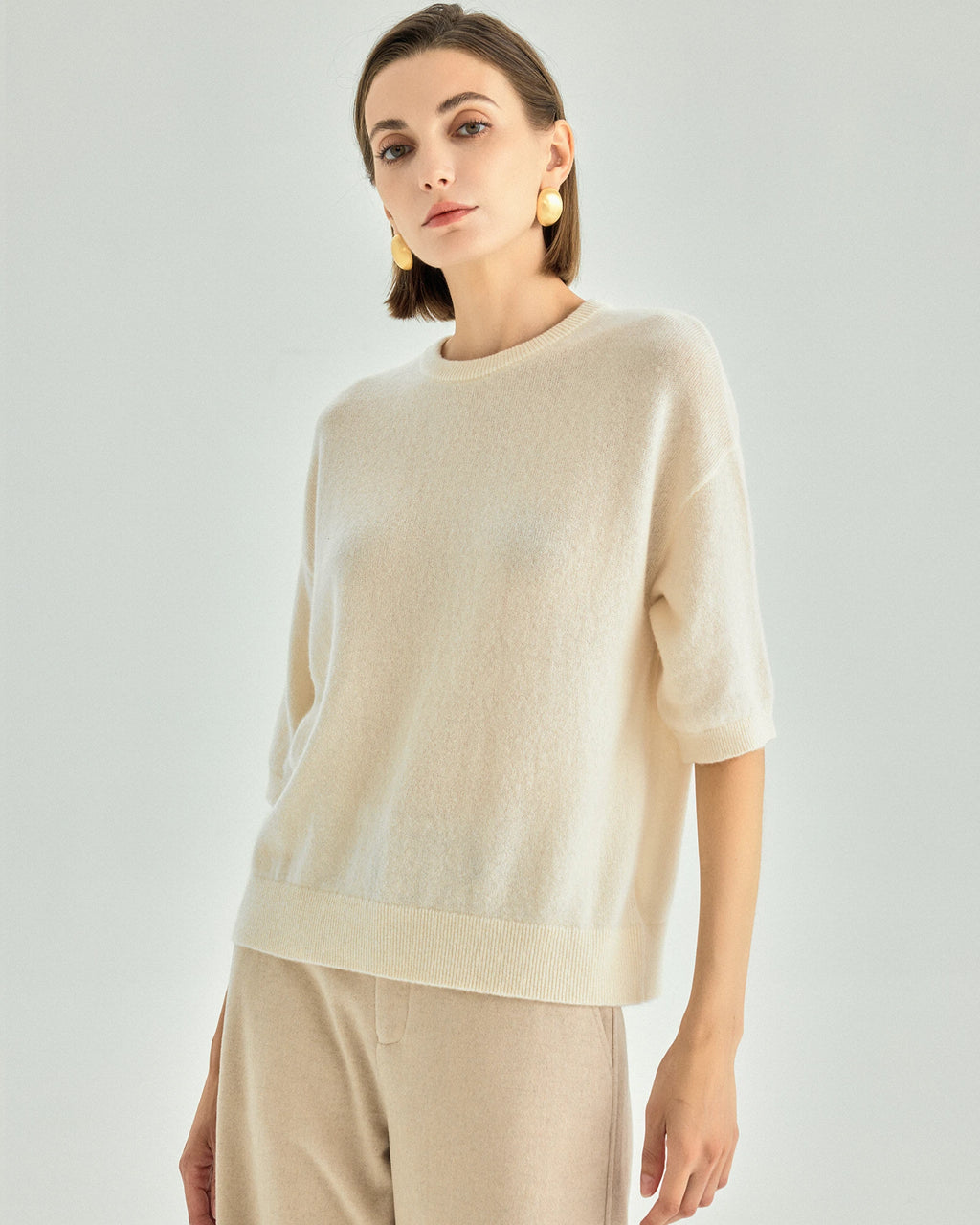 Cashmere Silk Elbow-Sleeve Crewneck Sweater