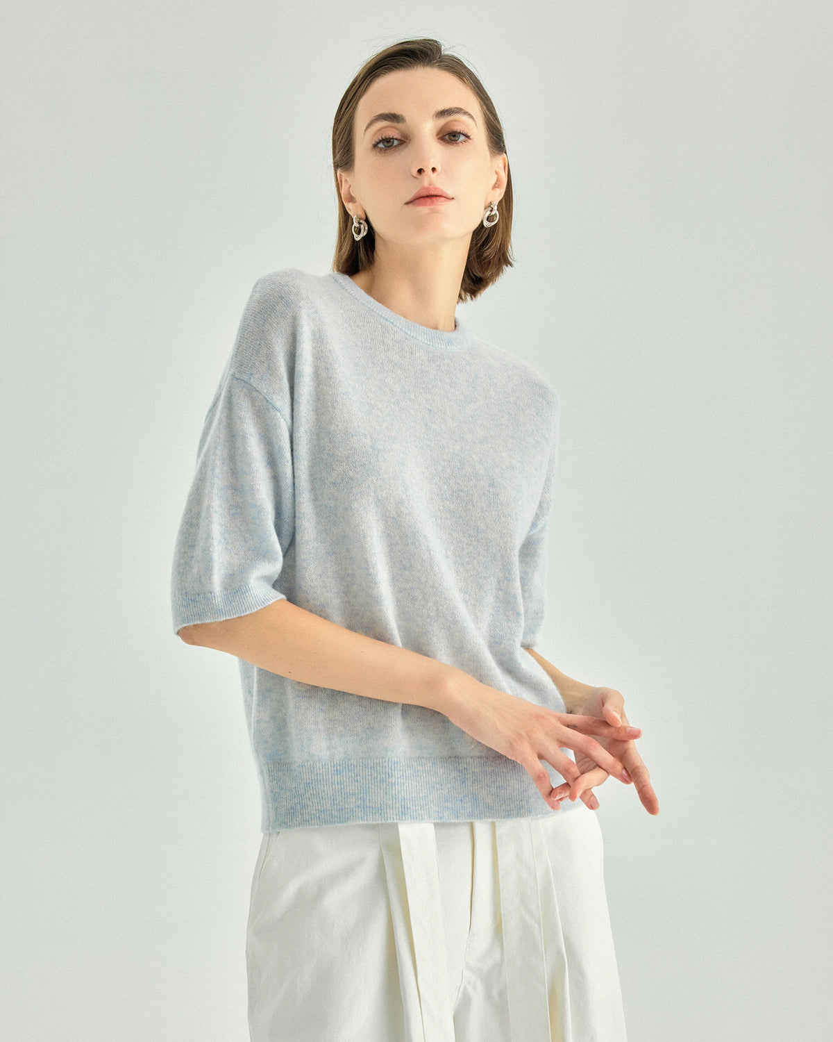 Cashmere Silk Elbow-Sleeve Crewneck Sweater