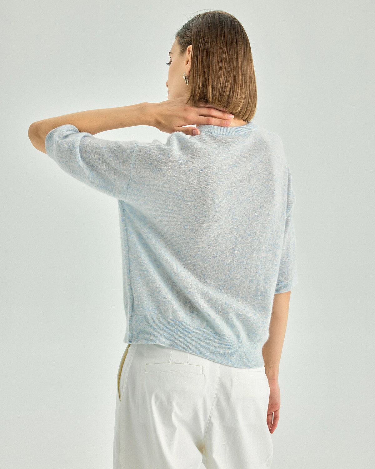Cashmere Silk Elbow-Sleeve Crewneck Sweater