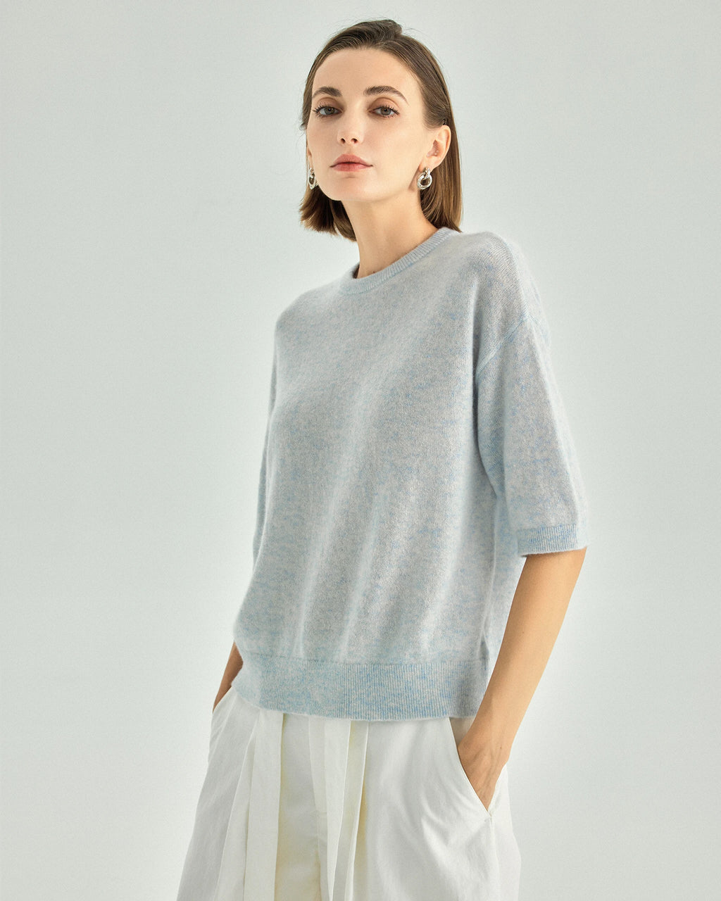 Cashmere Silk Elbow-Sleeve Crewneck Sweater