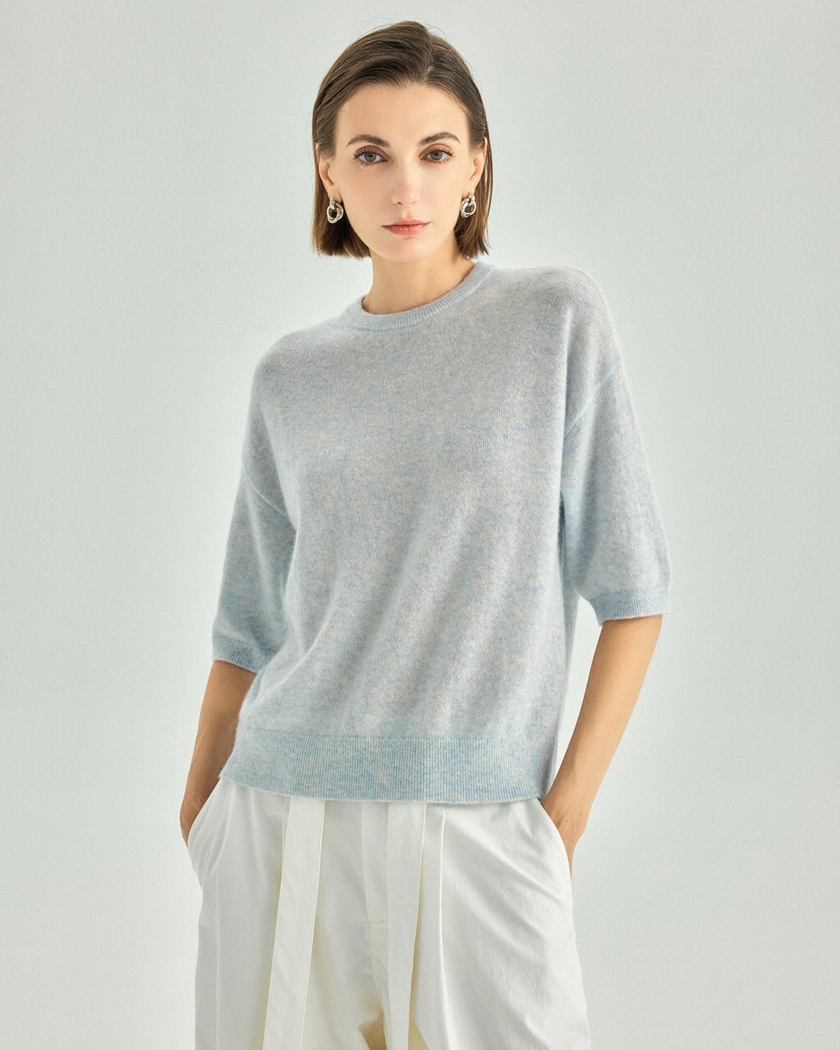 Cashmere Silk Elbow-Sleeve Crewneck Sweater