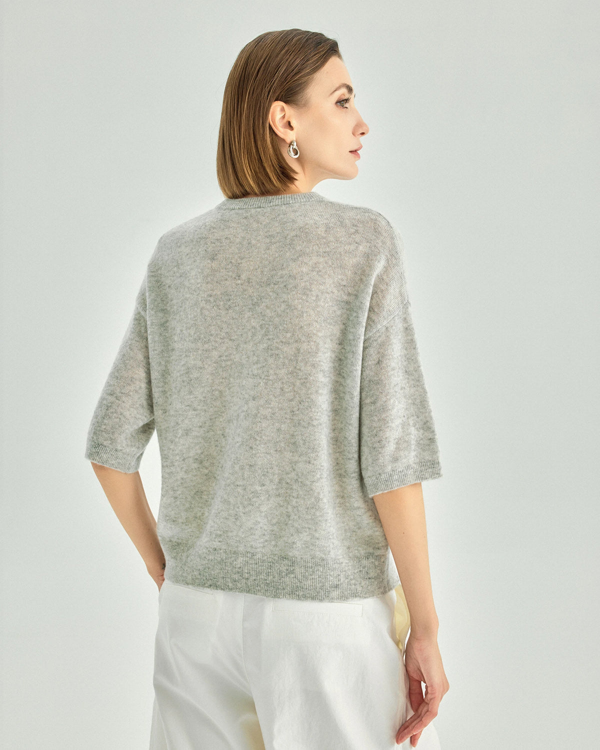 Cashmere Silk Elbow-Sleeve Crewneck Sweater