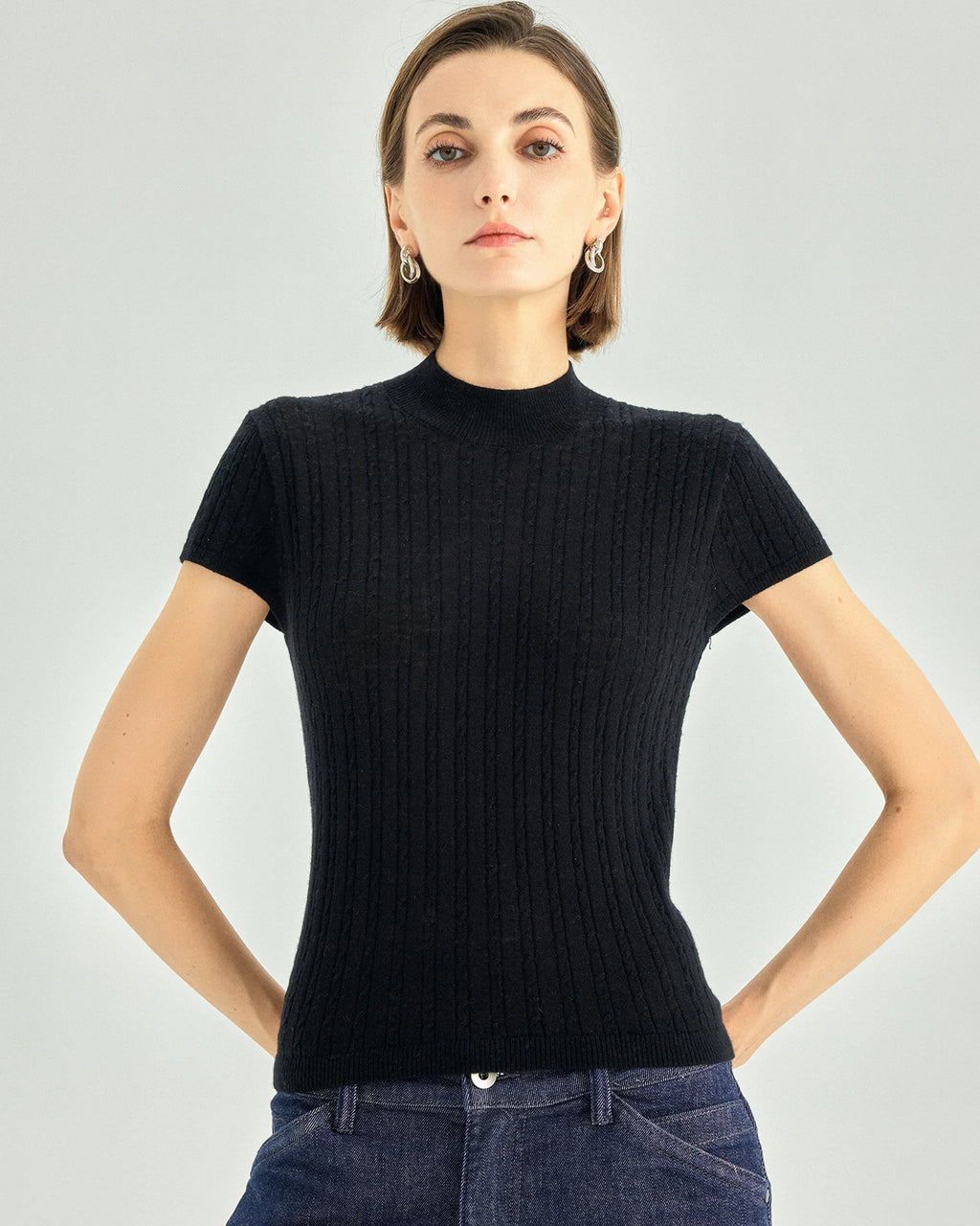 A+ Collection Wool Cashmere Pearl-Fiber Cable-Knit Top