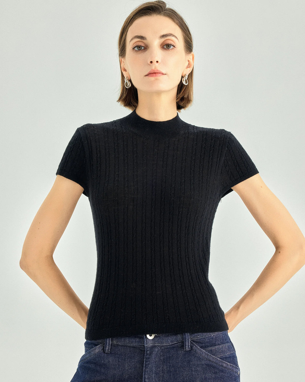 A+ Collection Wool Cashmere Pearl-Fiber Cable-Knit Top