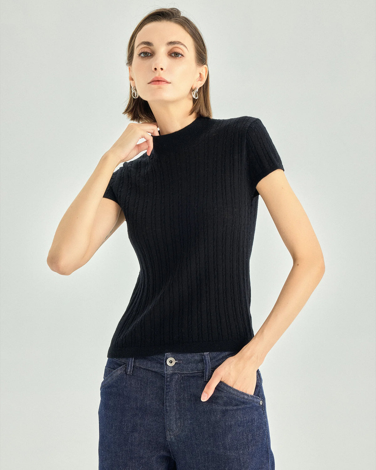 A+ Collection Wool Cashmere Pearl-Fiber Cable-Knit Top