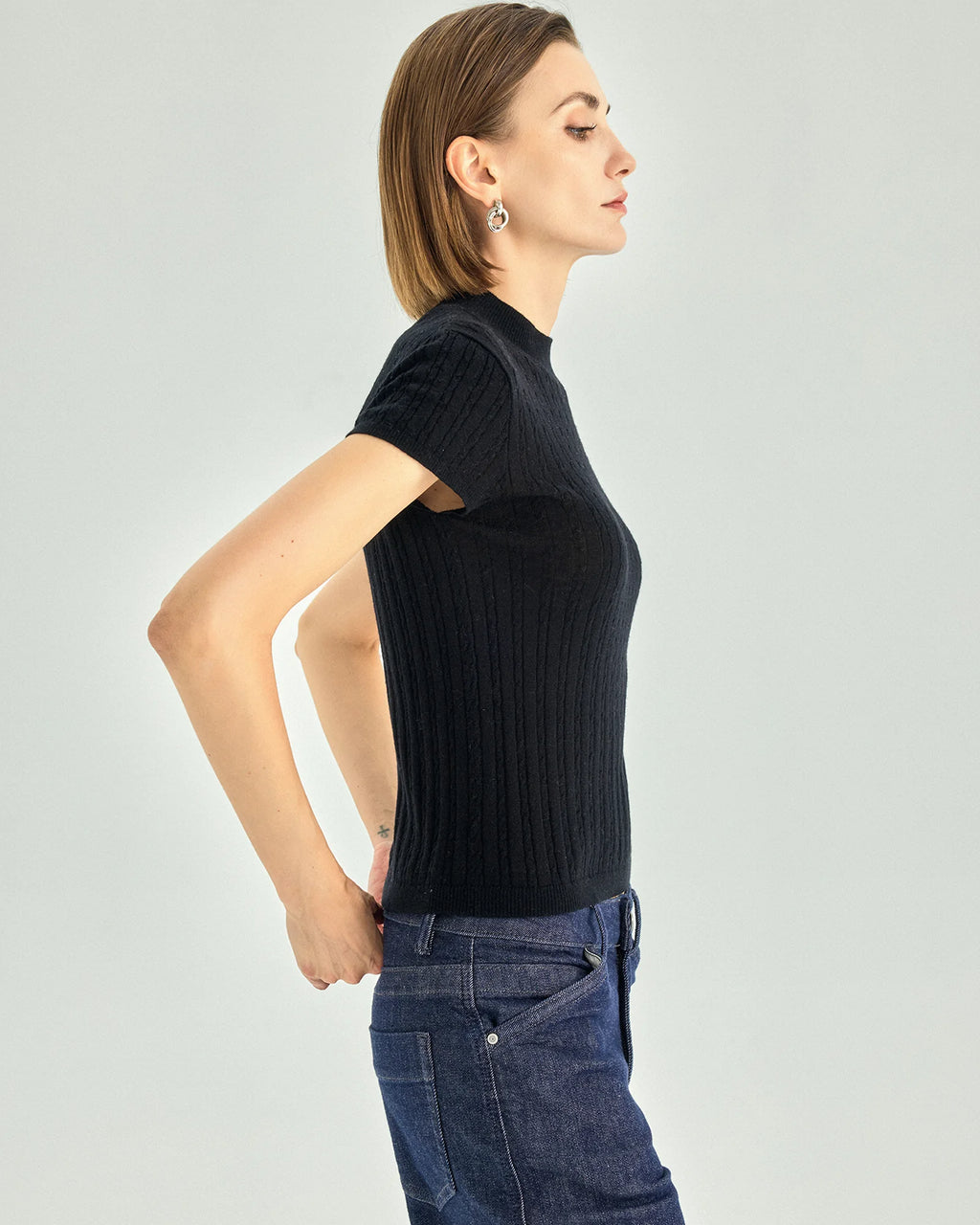 A+ Collection Wool Cashmere Pearl-Fiber Cable-Knit Top