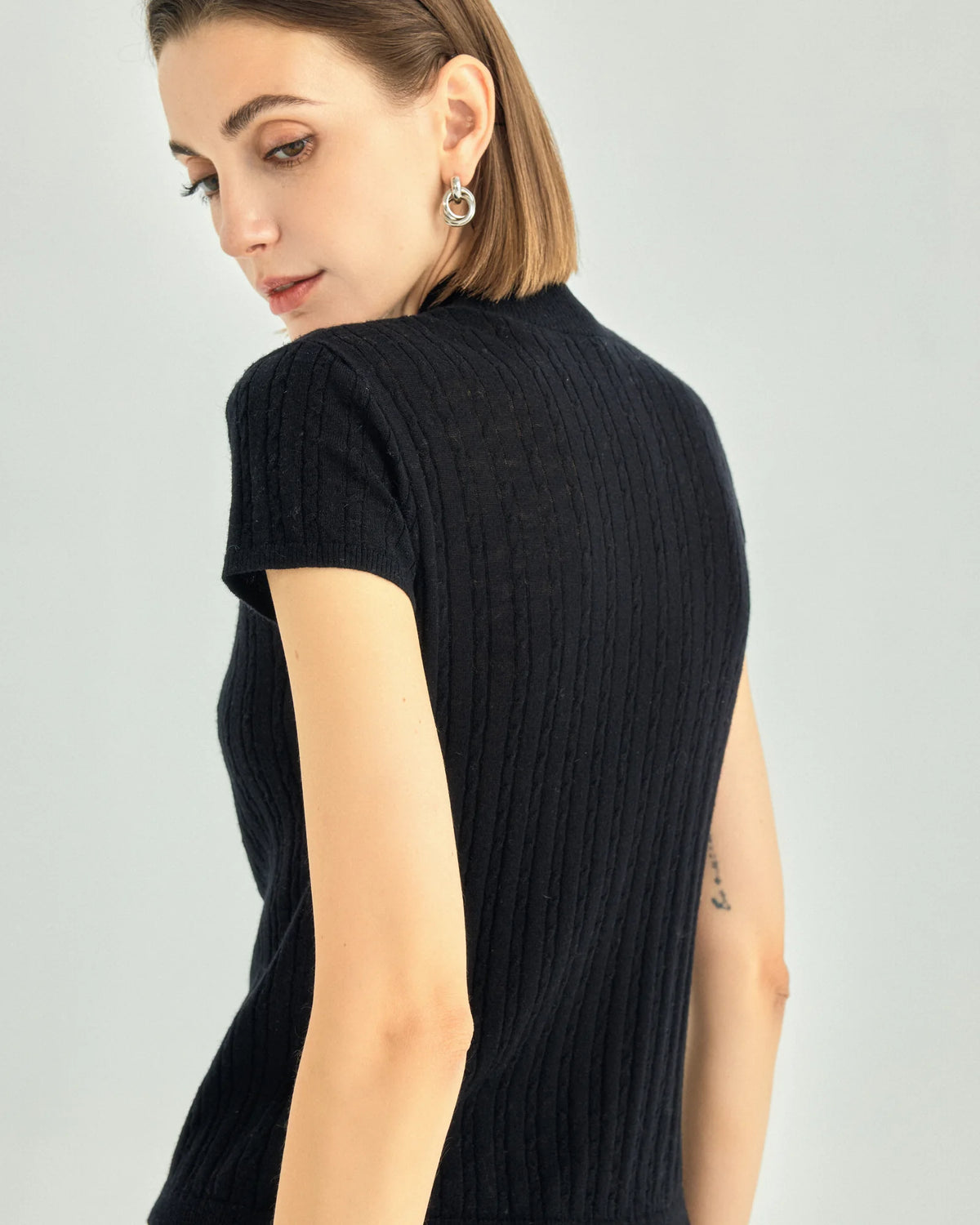 A+ Collection Wool Cashmere Pearl-Fiber Cable-Knit Top