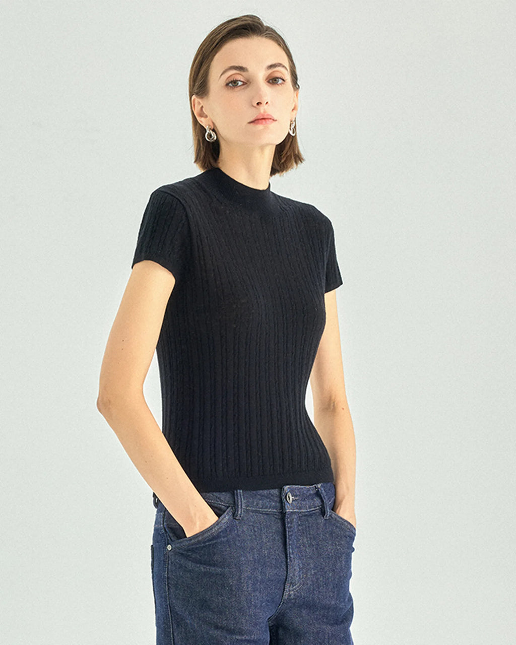 A+ Collection Wool Cashmere Pearl-Fiber Cable-Knit Top