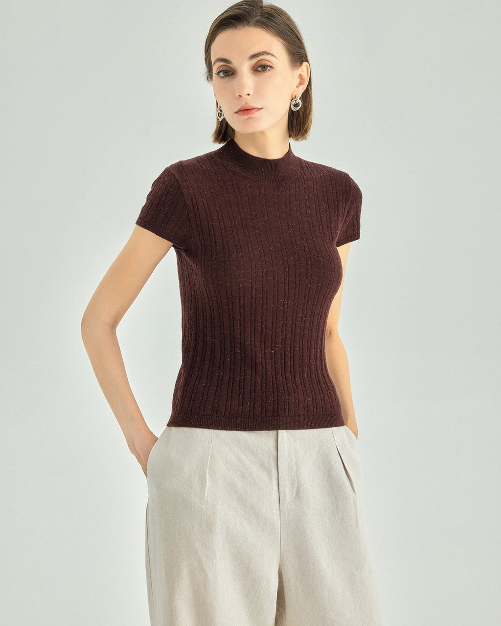 A+ Collection Wool Cashmere Pearl-Fiber Cable-Knit Top