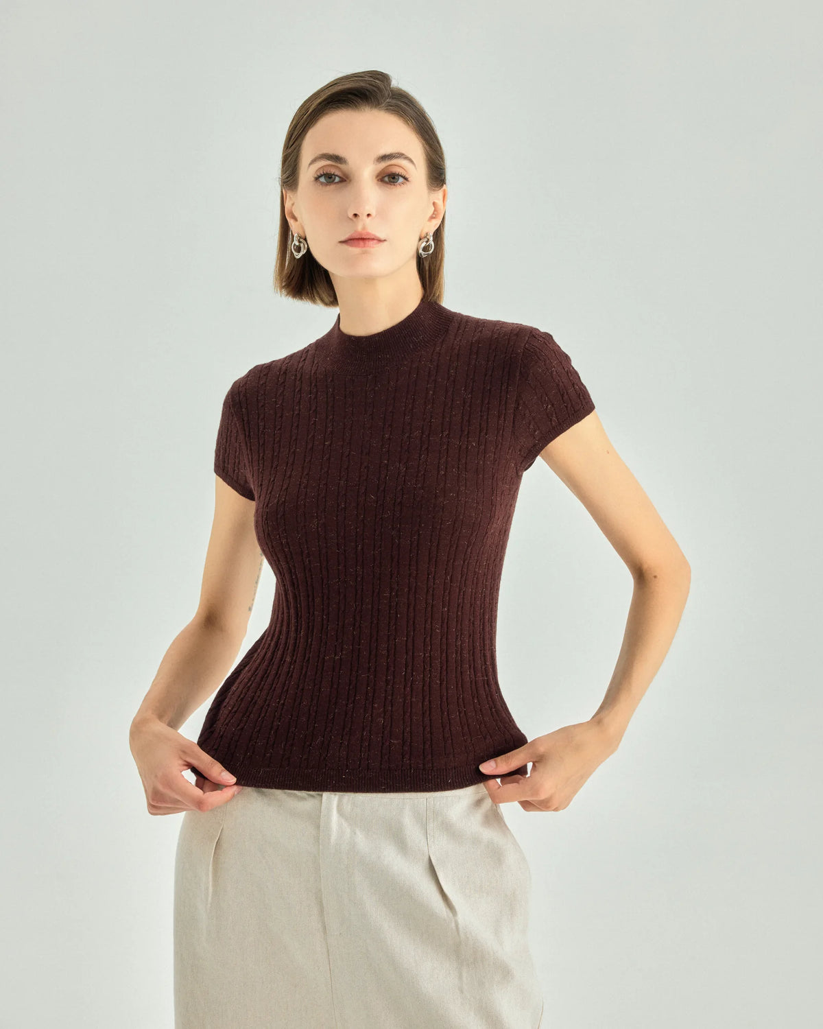 A+ Collection Wool Cashmere Pearl-Fiber Cable-Knit Top