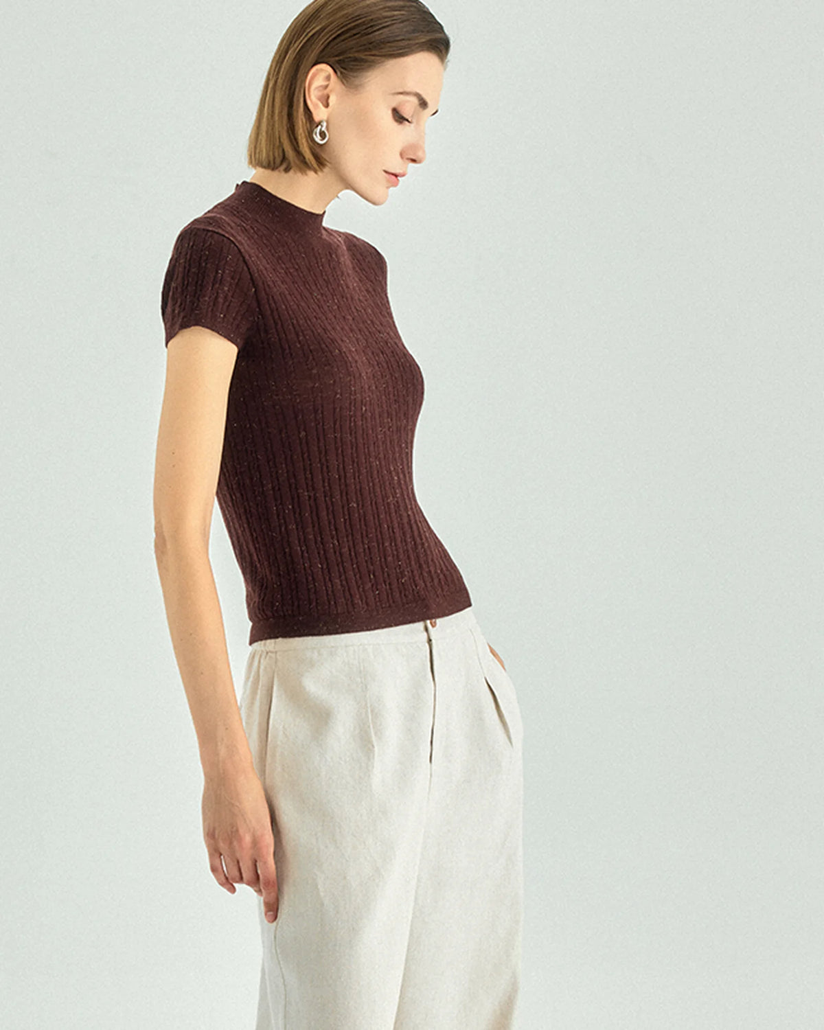 A+ Collection Wool Cashmere Pearl-Fiber Cable-Knit Top