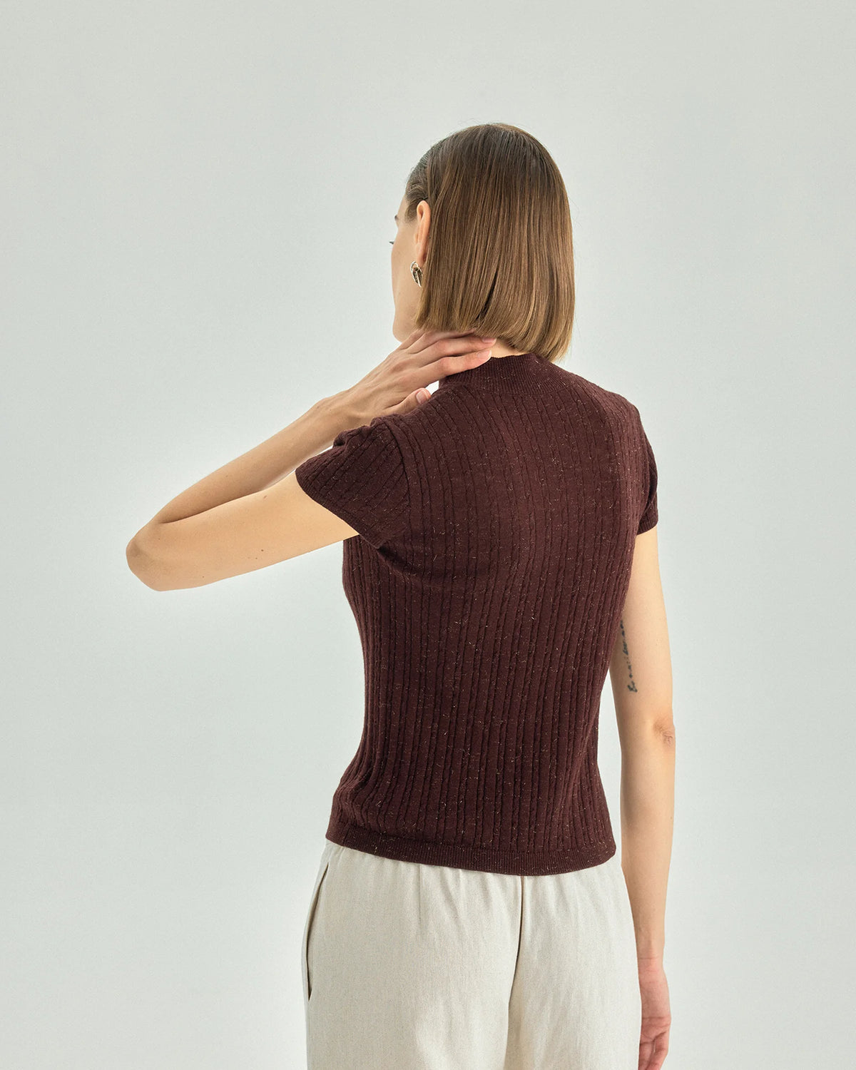 A+ Collection Wool Cashmere Pearl-Fiber Cable-Knit Top
