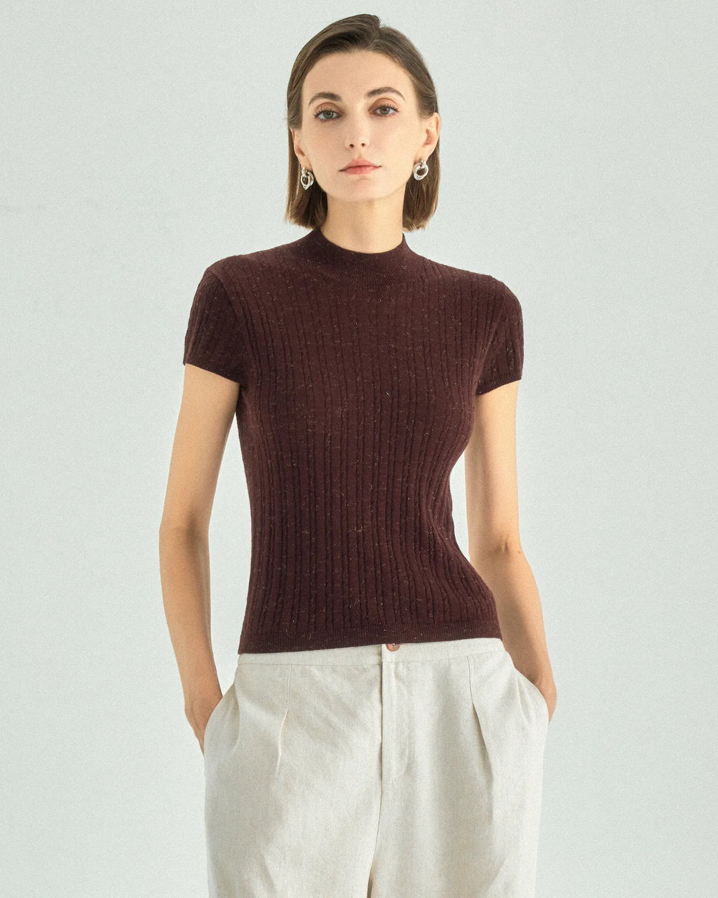 A+ Collection Wool Cashmere Pearl-Fiber Cable-Knit Top