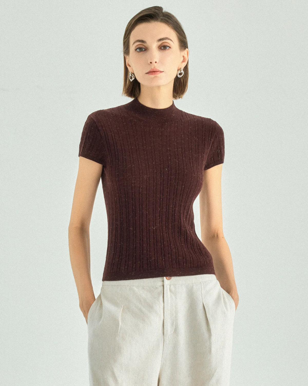 A+ Collection Wool Cashmere Pearl-Fiber Cable-Knit Top