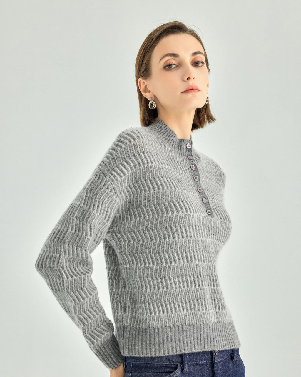 Pure Cashmere Button-Front Stand Collar Sweater