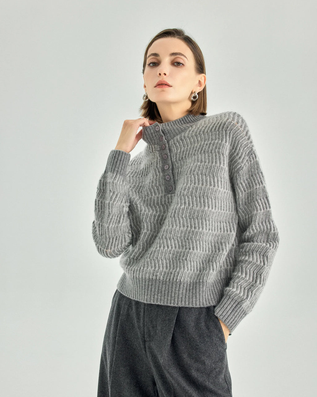 Pure Cashmere Button-Front Stand Collar Sweater