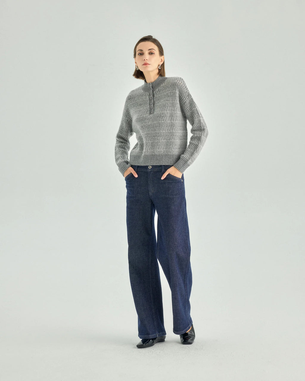 Pure Cashmere Button-Front Stand Collar Sweater