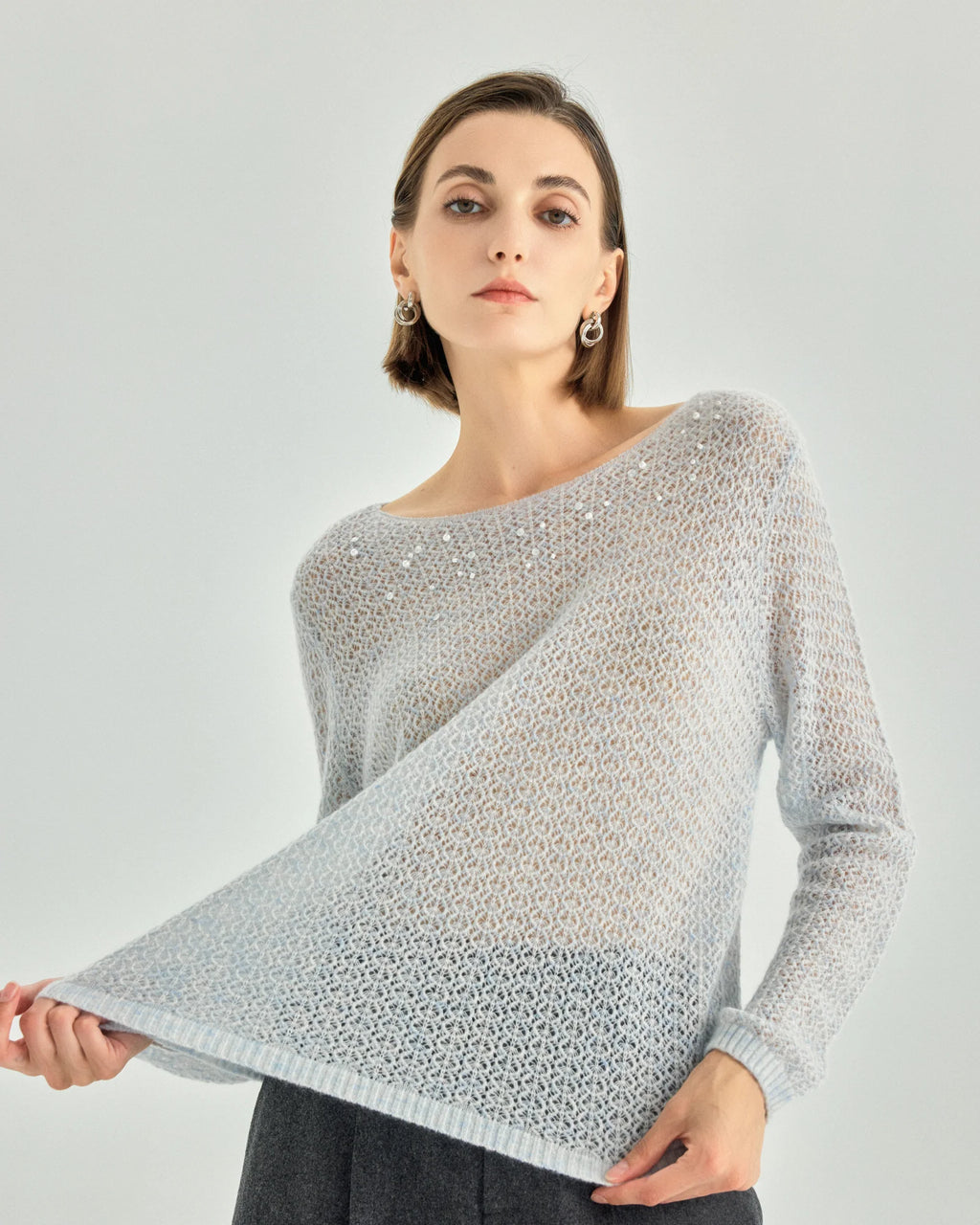 Cashmere Silk Open-Knit Boat-Neck Sweater