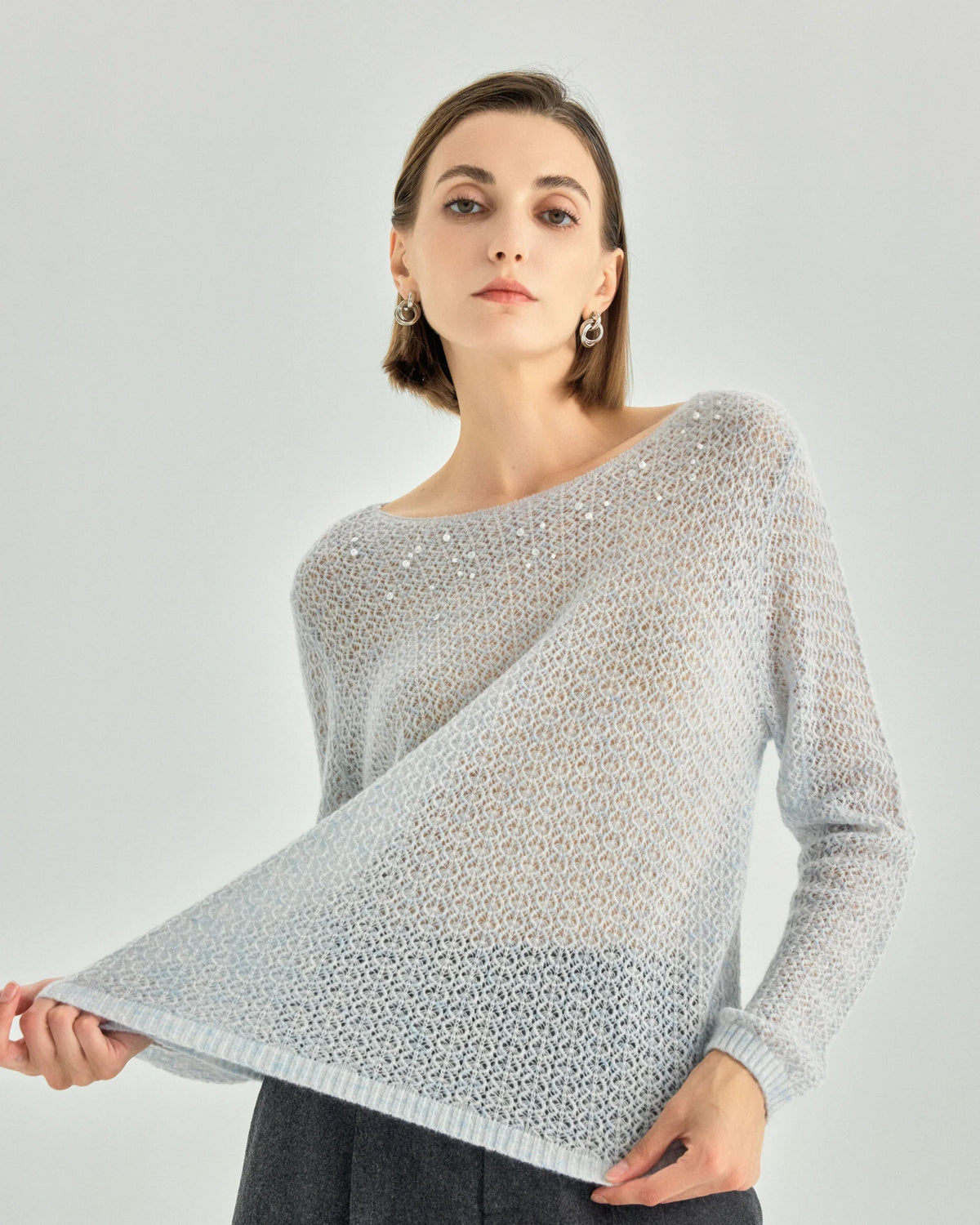 Cashmere Silk Open-Knit Boat-Neck Sweater