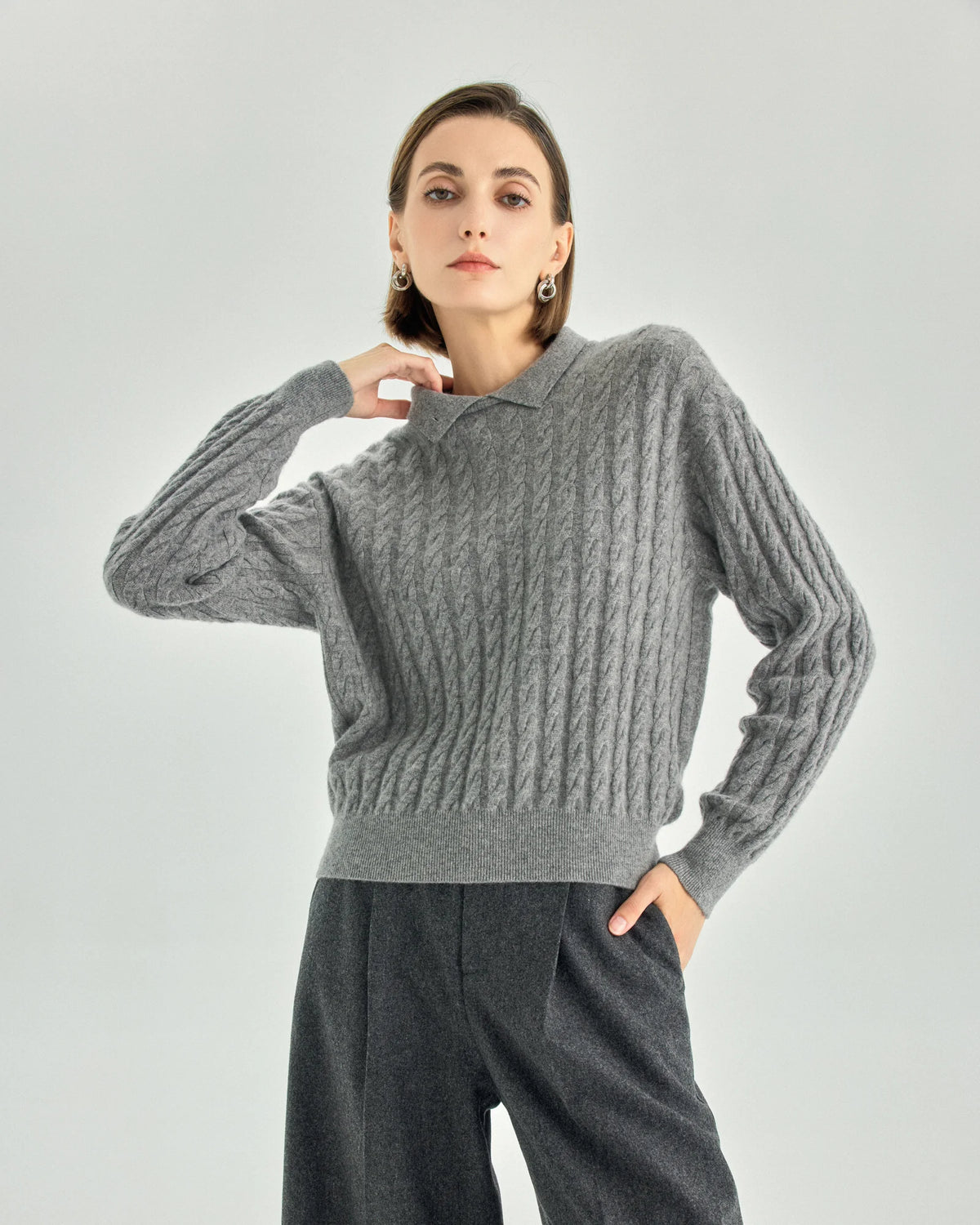 Pure Cashmere Cable-Knit Polo Sweater