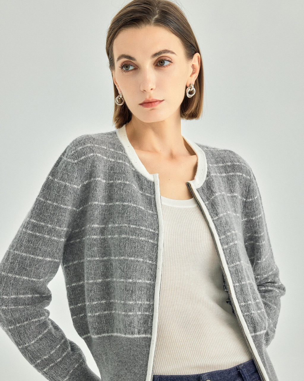 Pure Cashmere Striped Zip Cardigan