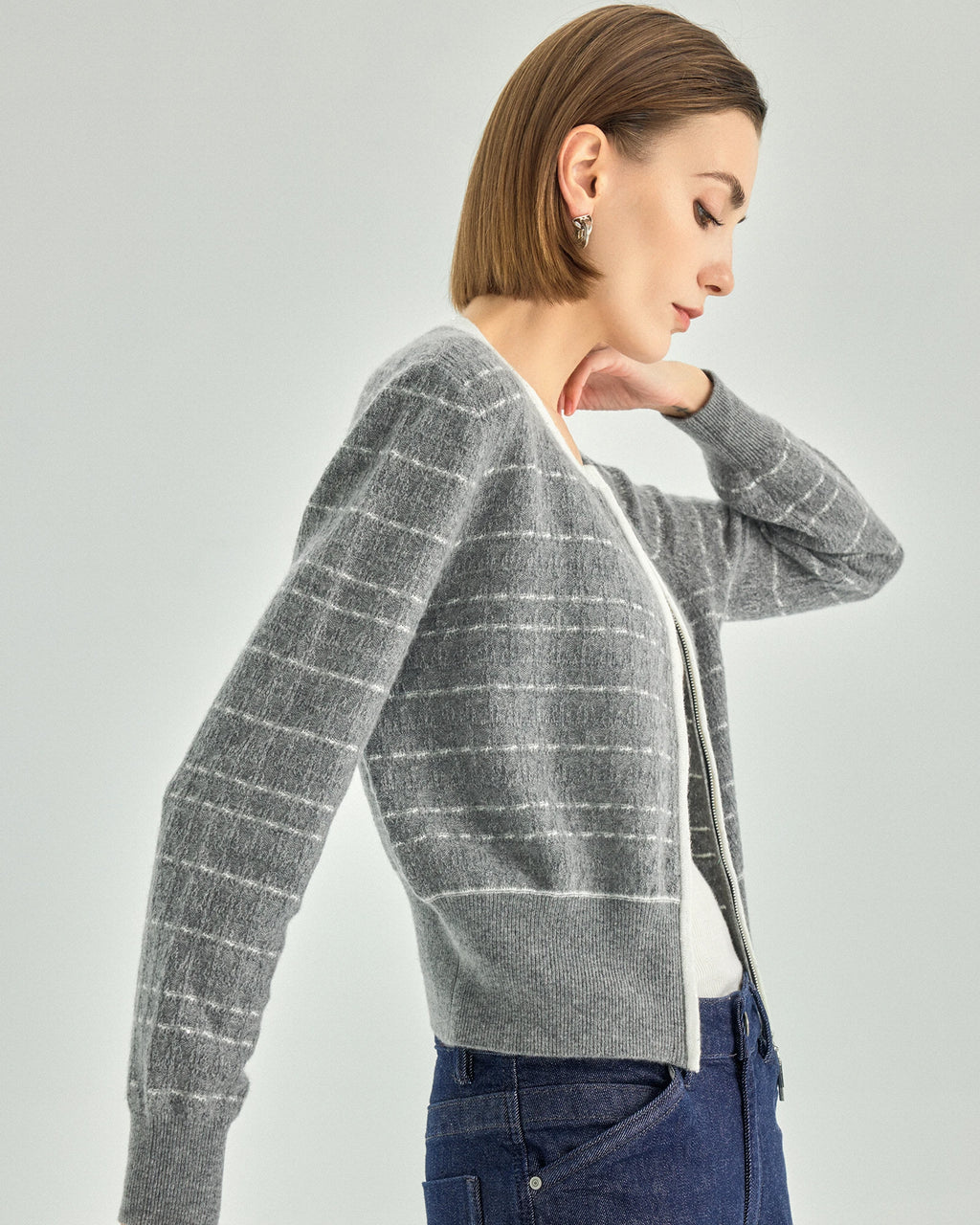 Pure Cashmere Striped Zip Cardigan