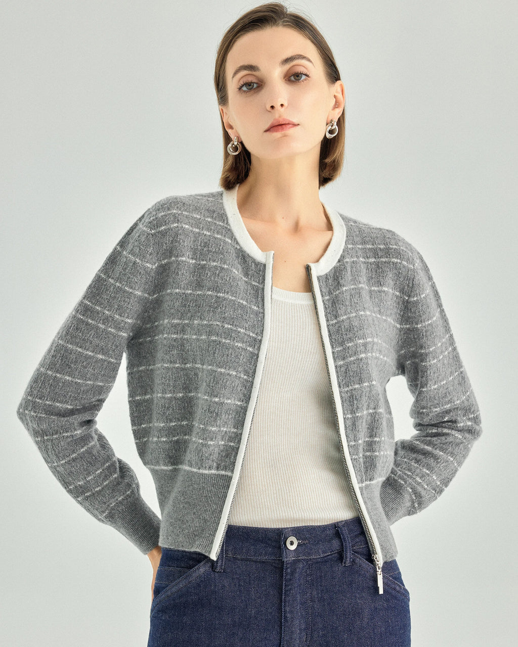 Pure Cashmere Striped Zip Cardigan