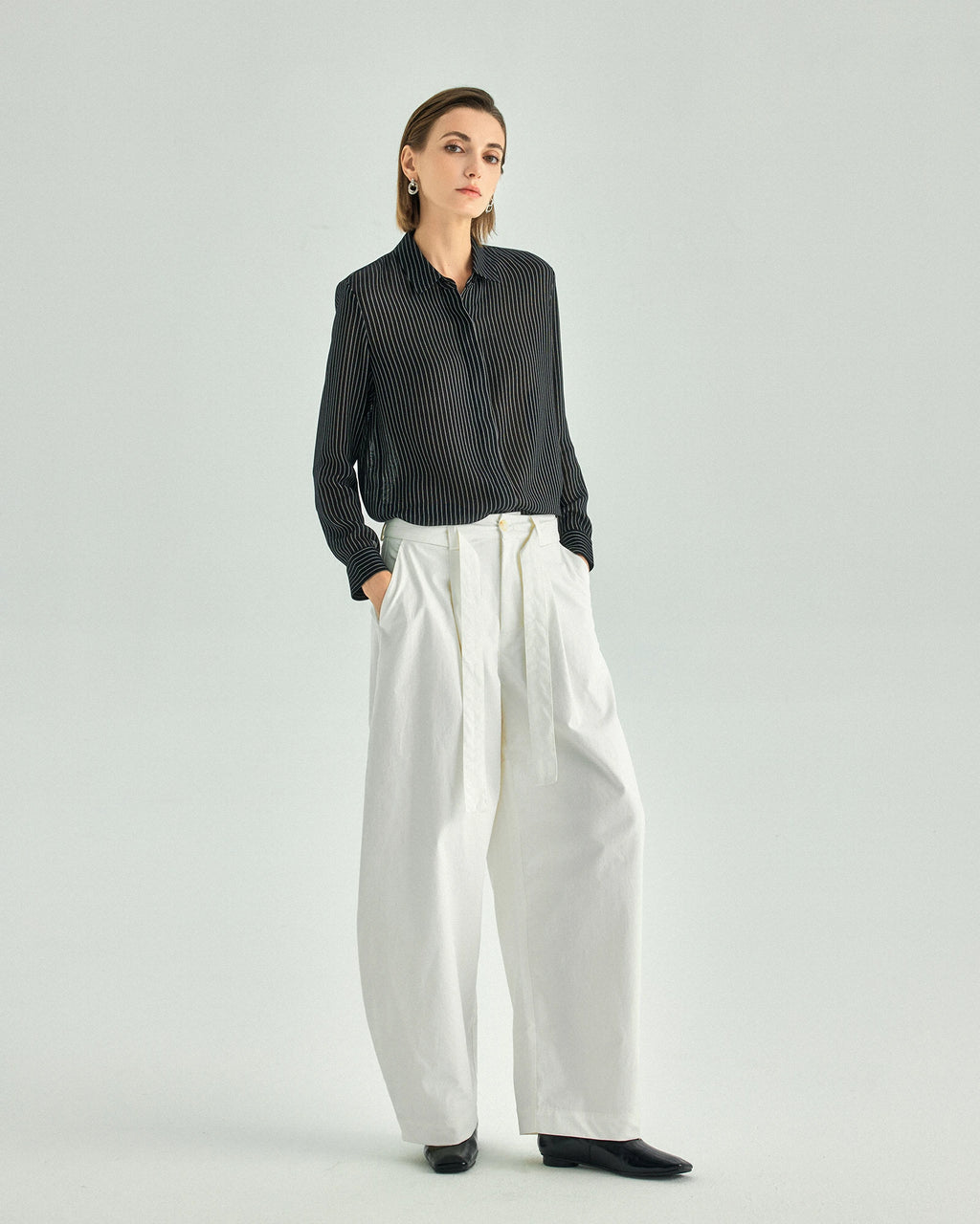 Striped Draped Hidden-Placket Shirt