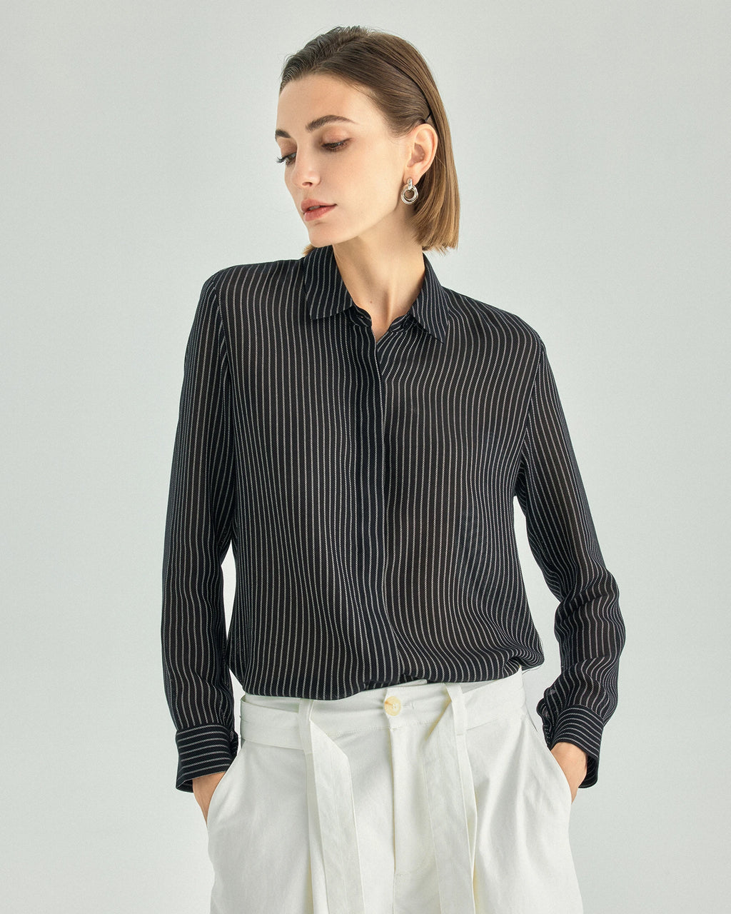 Striped Draped Hidden-Placket Shirt