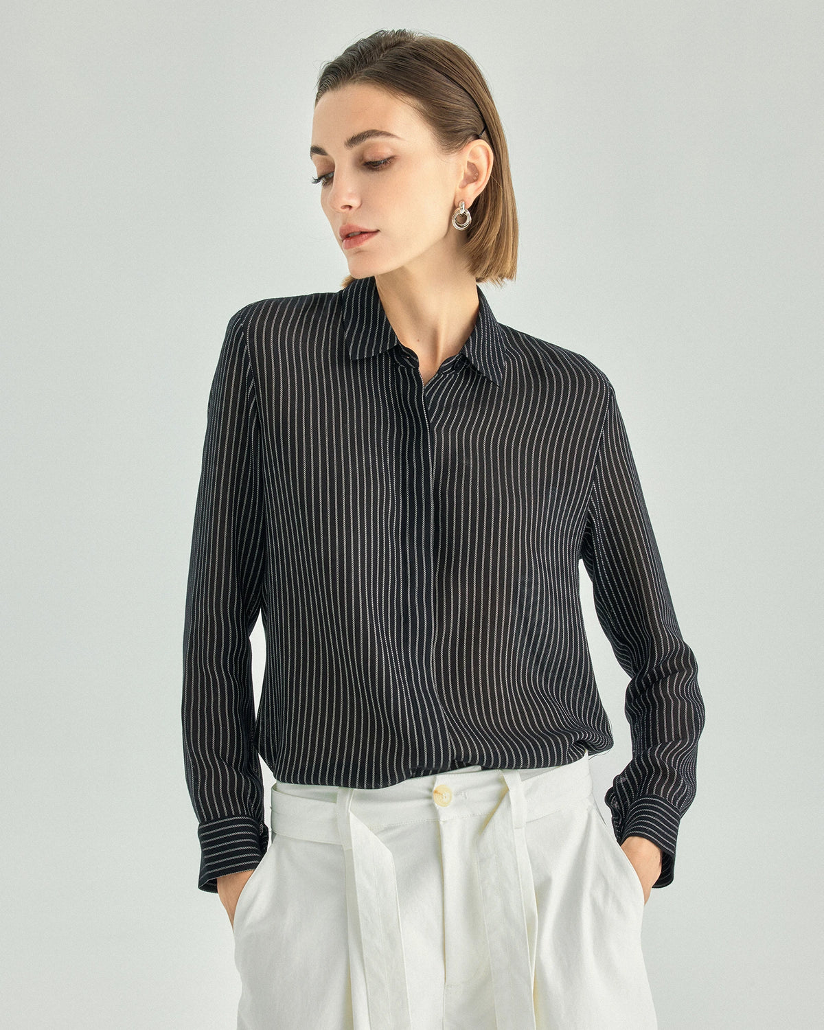 Striped Draped Hidden-Placket Shirt
