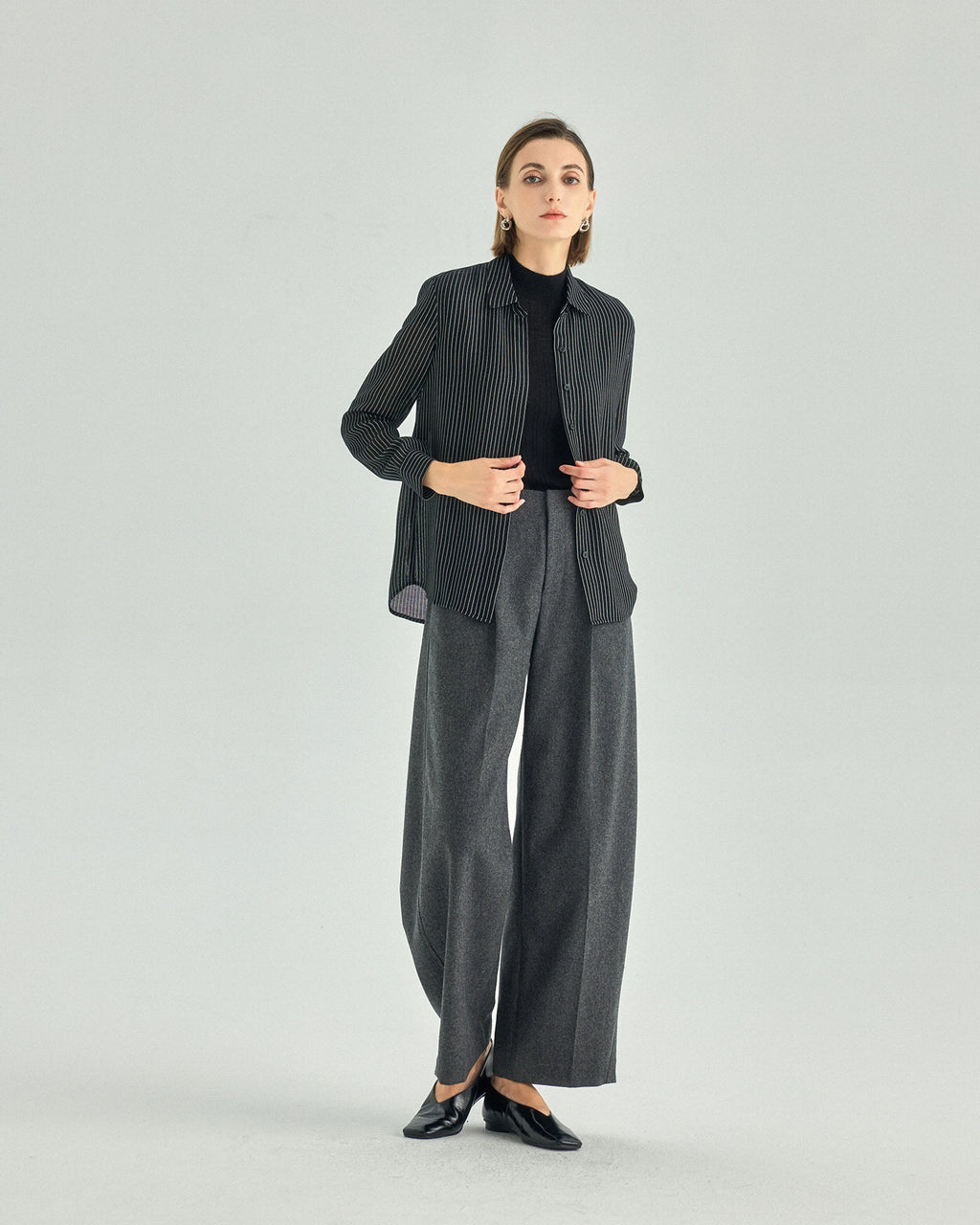 Striped Draped Hidden-Placket Shirt