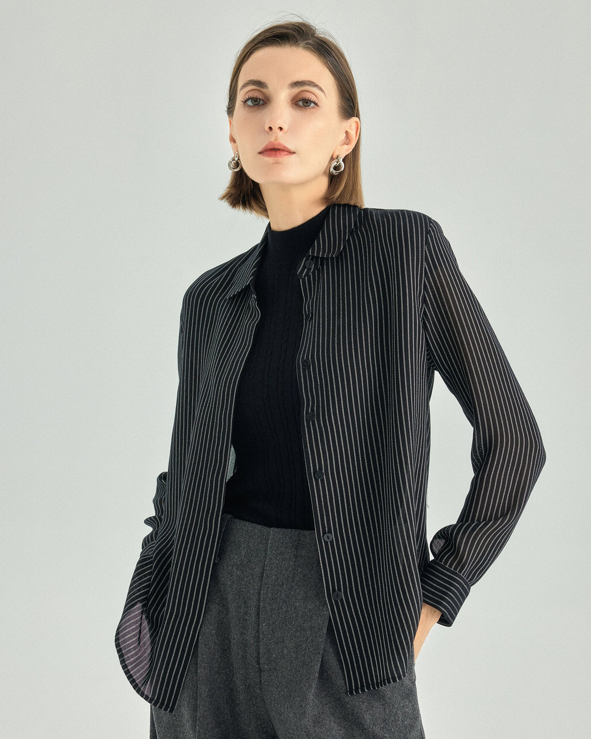 Striped Draped Hidden-Placket Shirt