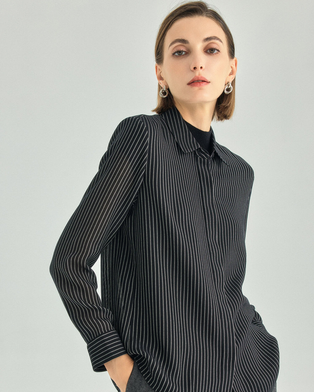 Striped Draped Hidden-Placket Shirt