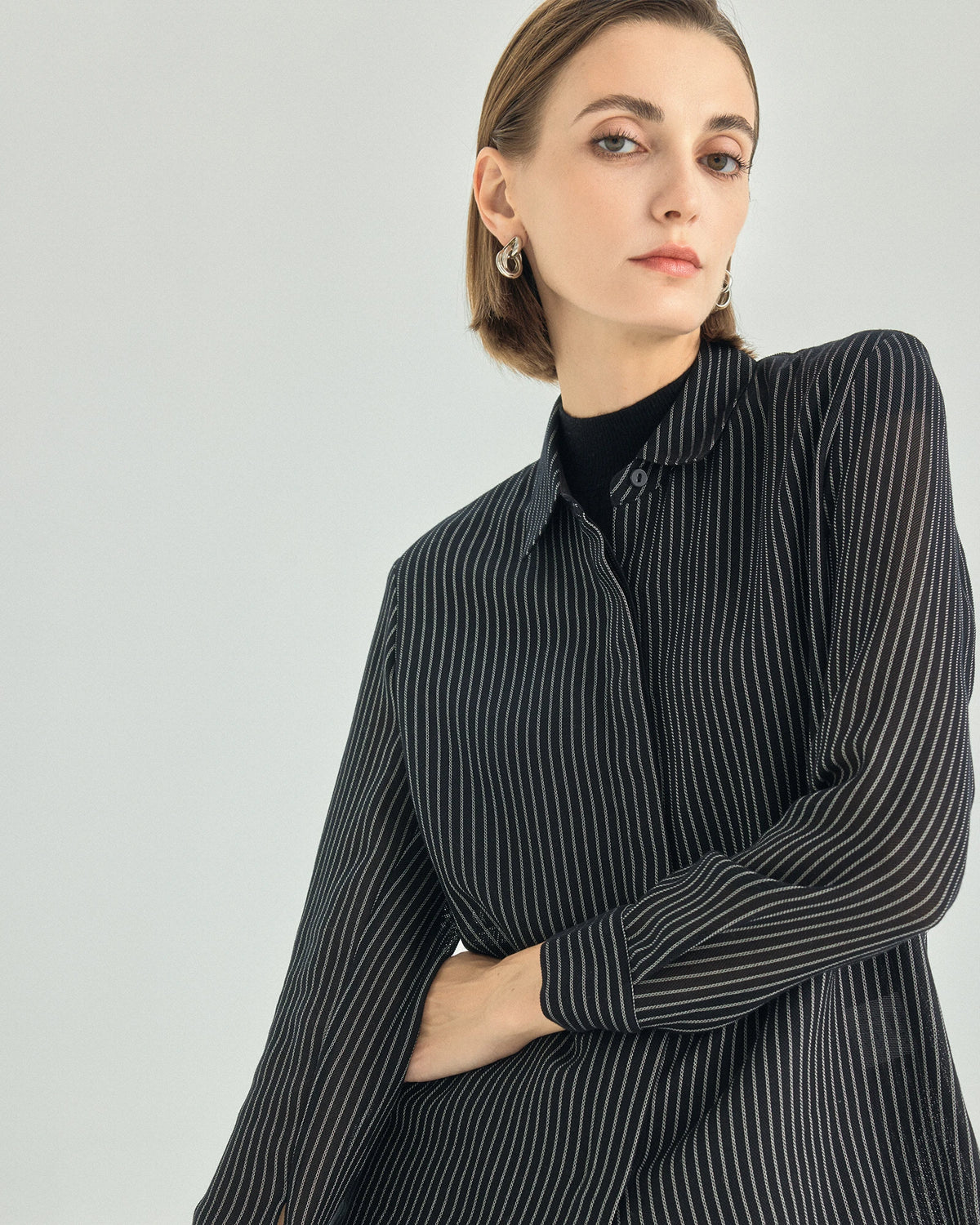 Striped Draped Hidden-Placket Shirt