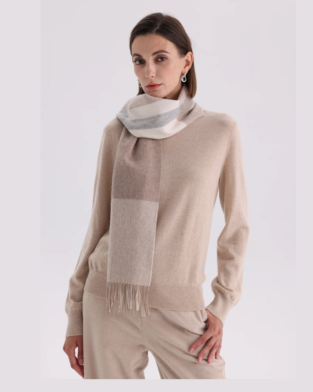 Check & Color-Block Cashmere Scarf - 70.87 x 11.81 in