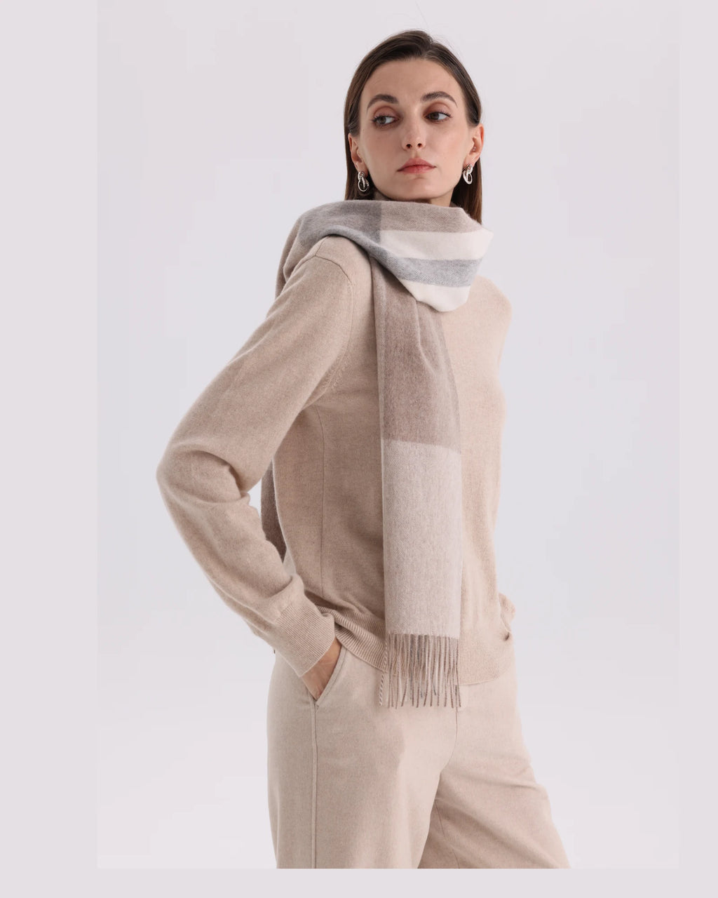 Check & Color-Block Cashmere Scarf - 70.87 x 11.81 in