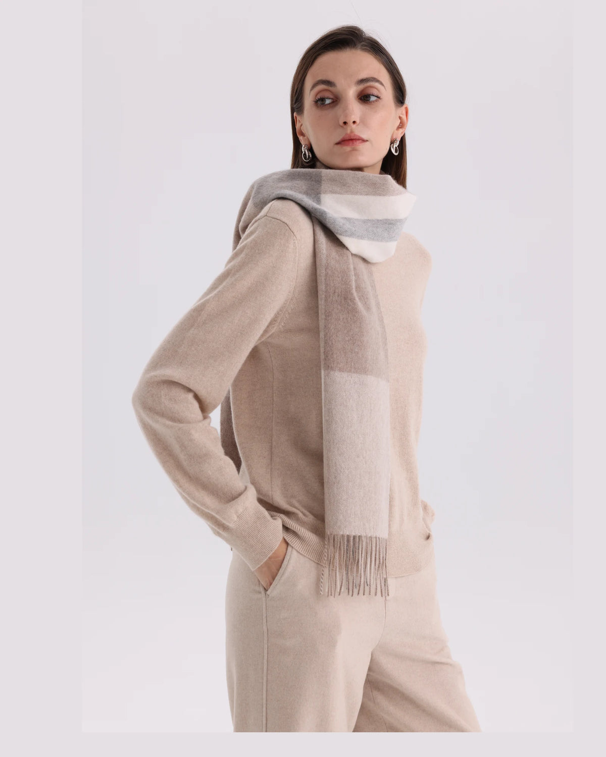 Check & Color-Block Cashmere Scarf - 70.87 x 11.81 in