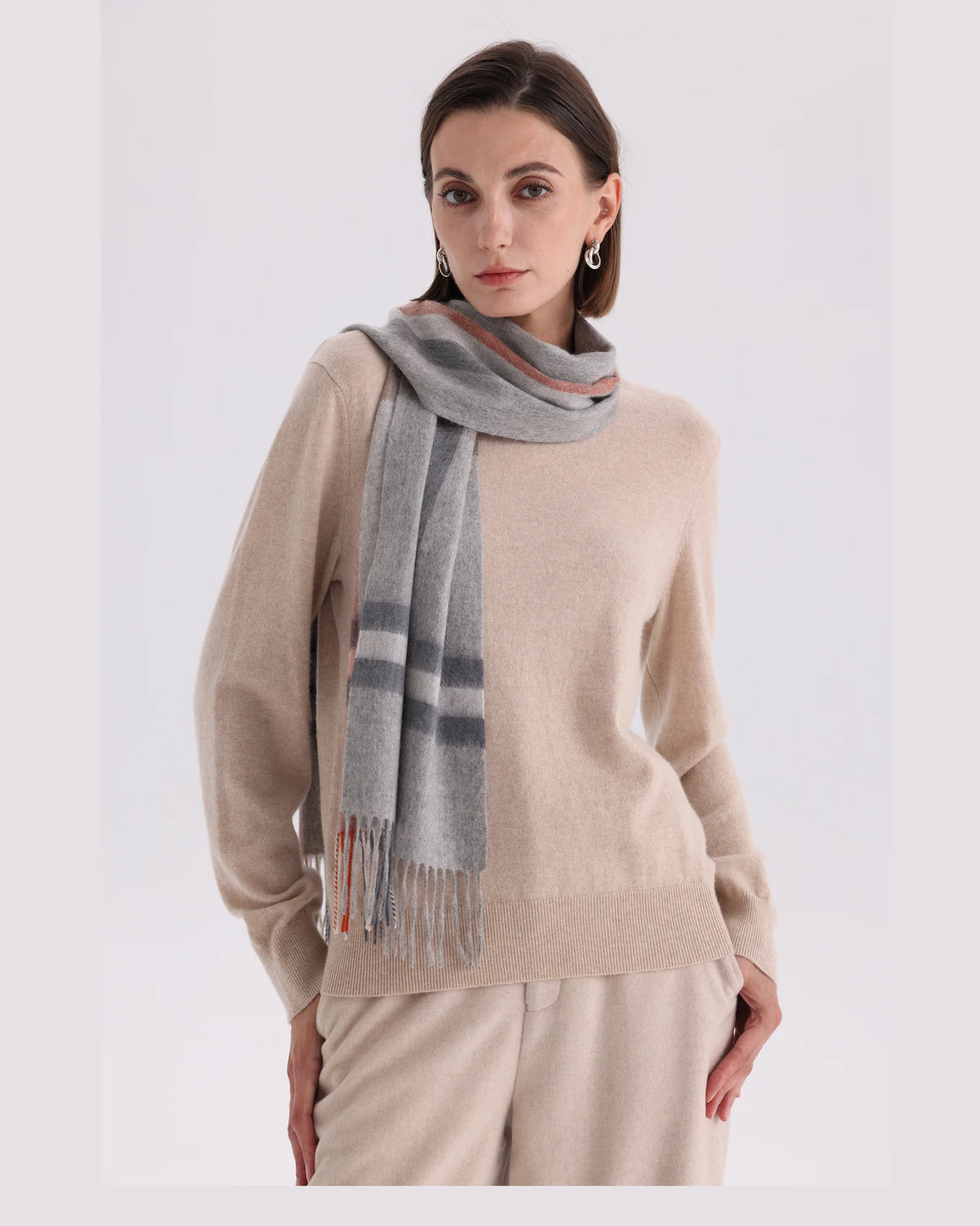 Check & Color-Block Cashmere Scarf - 70.87 x 11.81 in