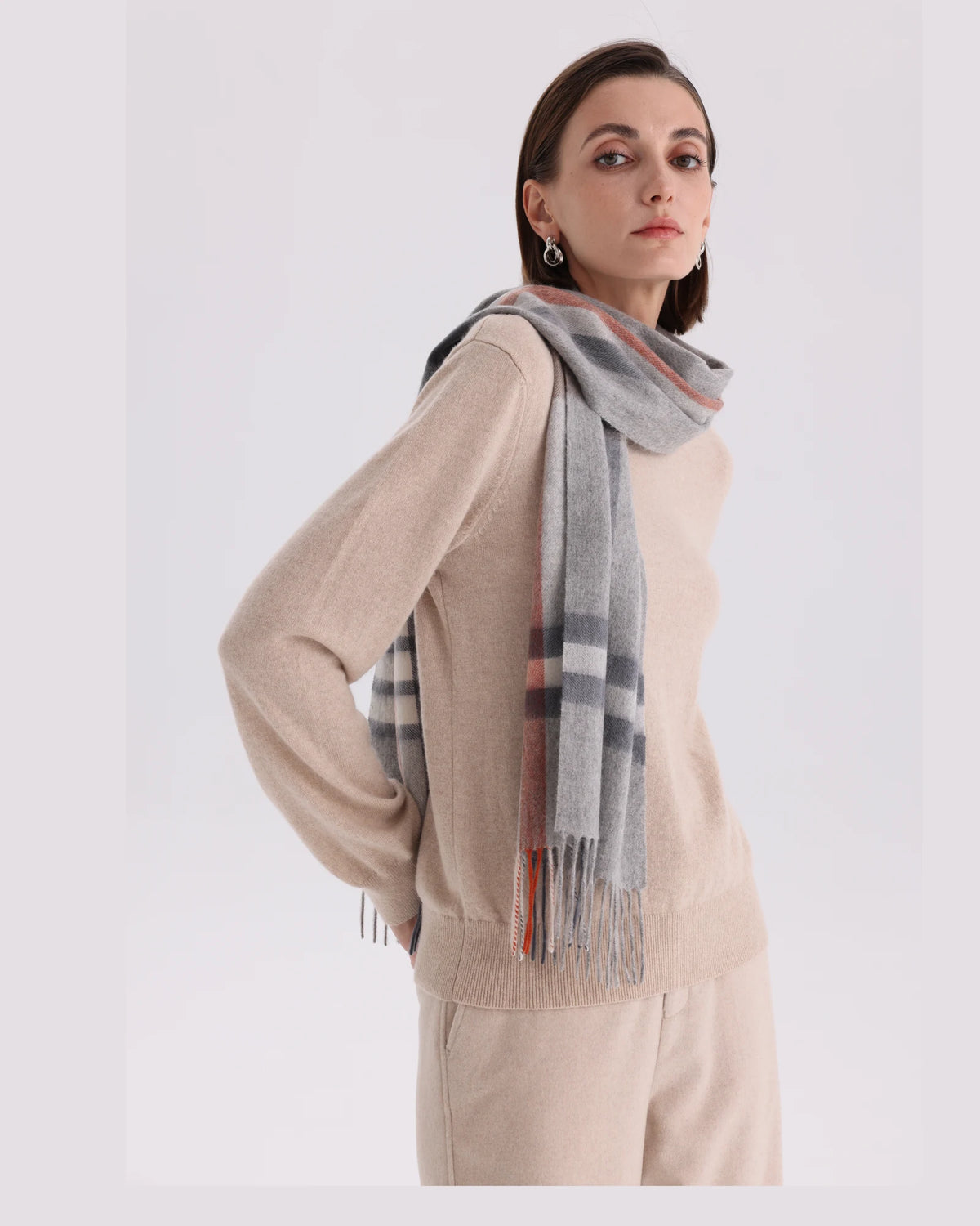 Check & Color-Block Cashmere Scarf - 70.87 x 11.81 in