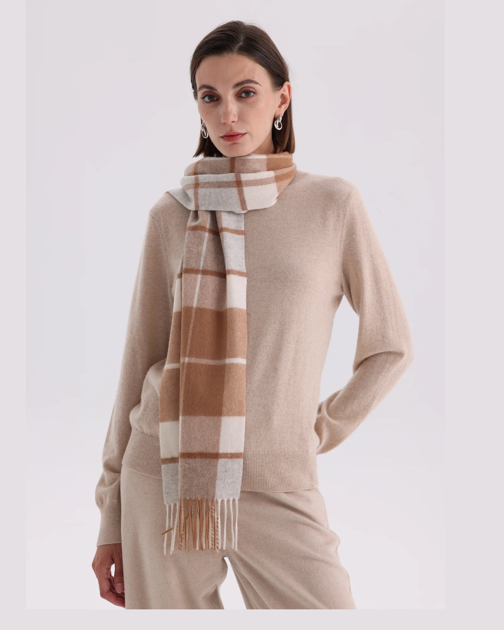 Check & Color-Block Cashmere Scarf - 70.87 x 11.81 in