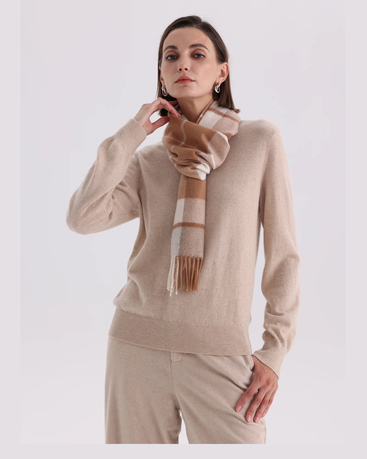 Check & Color-Block Cashmere Scarf - 70.87 x 11.81 in